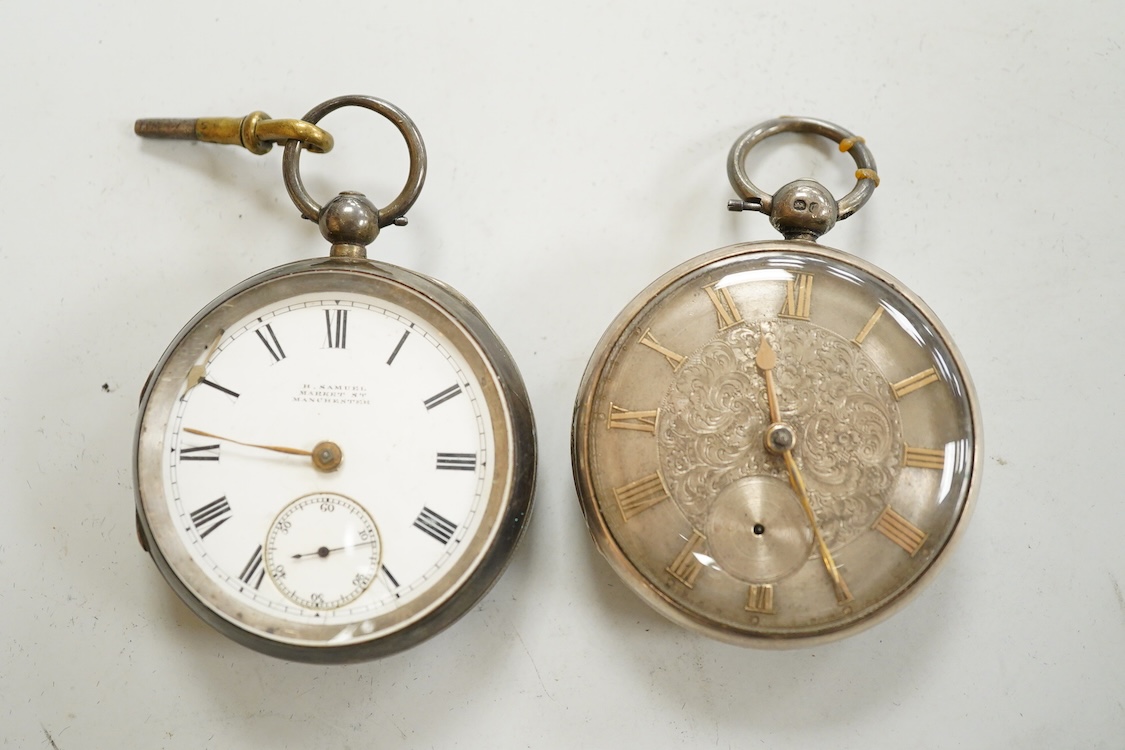 A George V silver cased goliath calendar moon phase open faced pocket watch, case diameter approx. 67mm(a.f.), together with five other pocket watches, including silver and white metal Waltham, a Camerer Cuss chrome case